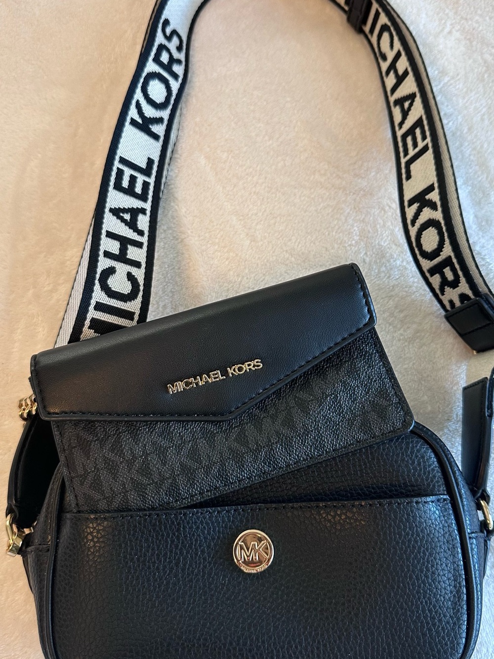 Michael Kors Black Crossbody with Logo Weave Strap and Gold Accents